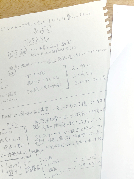 本選考では、先輩方の就職活動体験記を基に対策マニュアルを作り、白紙に思考を整理していました。「軸や志望動機、興味のある事業、ガクチカといった項目が自分の中でどのようにつながっているのか」など、論理関係や一貫性を整理することができました。