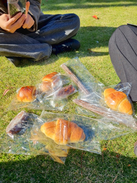 友人と一緒に和泉キャンパスの芝生でパン食べました